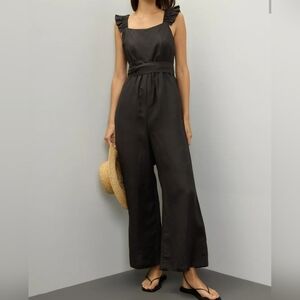 Peter Som Women's Square Neck Ruffle Shoulder Sleeveless Black Linen Jumpsuit 0